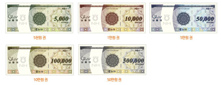 종이상품권의 종류-5천원권, 1만원권, 5만원권, 10만원권, 50만원권