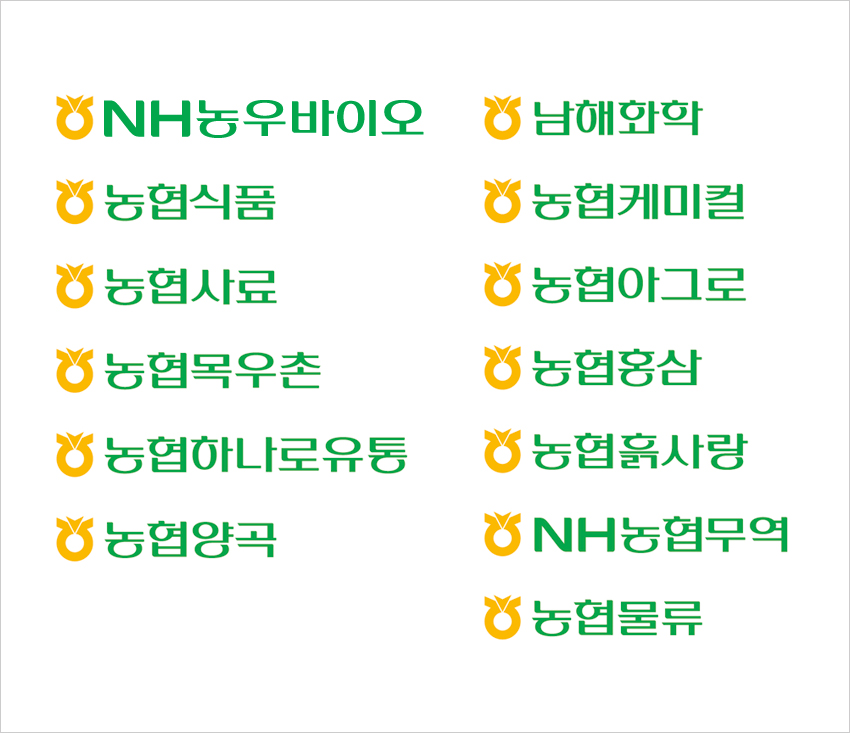   NH농우바이오, 남해화학, 농협식품, 농협케미칼, 농협사료, 농협아그로, 농협목우촌, 농협홍삼, 농협하나로유통,농협흙사랑,농협양곡, NH농협무역,농협물류